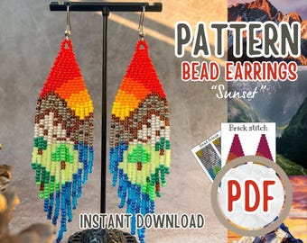Patrón PDF para pendientes de flecos de cuentas y puesta de sol - Patrón para pendientes con paisaje de montaña - Elaboración de pendientes - Manualidades para adultos - Tutorial de punto ladrillo