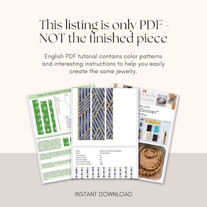 May include: A collection of printed PDF crochet tutorials. The tutorials include color patterns and instructions for creating jewelry. The image features a variety of pages with diagrams and the text "INSTANT DOWNLOAD".