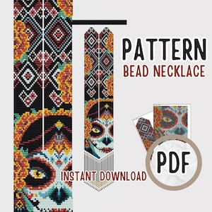 May include: A digital PDF pattern for a bead necklace featuring a Day of the Dead sugar skull design. The pattern has a colourful geometric design with black, white, red, yellow, and turquoise colours. The words "PATTERN BEAD NECKLACE" and "INSTANT DOWNLOAD" are visible.