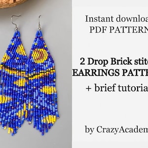 Puede incluir: Un patrón de descarga instantánea para pendientes de cuentas. El patrón es para un par de pendientes con un esquema de color azul, amarillo y morado. El patrón es para un punto de ladrillo de 2 gotas e incluye un breve tutorial. El patrón es de CrazyAcademy.