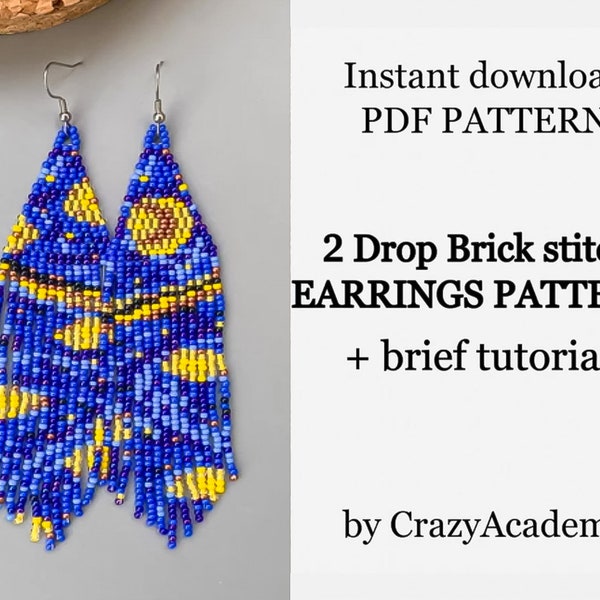 PDF Van Gogh Starry night Fringe Beading Earrings, Art lover Earrings Pattern, Jewelry make Adult Craft pattern, Bead Brick stitch tutorial