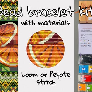 Puede incluir: Kit de pulsera de cuentas con materiales para telar o punto de peyote. El kit incluye cuentas de varios colores, incluyendo negro, blanco, naranja, rojo, amarillo y verde. El patrón es para una pulsera de peyote negro y blanco con un diseño de rodaja de naranja.
