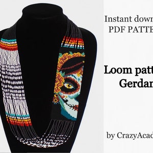 May include: A colorful beaded necklace with a Day of the Dead skull design. The necklace is made with black, white, orange, yellow, blue, and turquoise beads. The pattern is for a loom-knitted necklace called "Gerdan" by CrazyAcademy. Instant download PDF pattern.