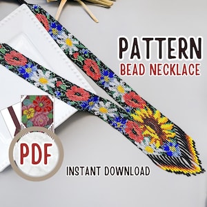 May include: A beaded necklace pattern with a floral design featuring red poppies, white daisies, and blue flowers. The necklace has a black background and a sunflower design at the end. The image includes the text "PATTERN BEAD NECKLACE" and "PDF INSTANT DOWNLOAD".