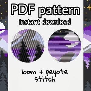 May include: PDF pattern for a beaded mountain landscape with a full moon and stars. The pattern is for loom and peyote stitch beading.