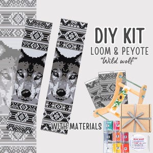 DIY Loom Peyote Gray wolf Bracelet kit, beaded kit, seed bead wolf kit, diy wild animal jewelry making kit, adult craft, beading bookmark