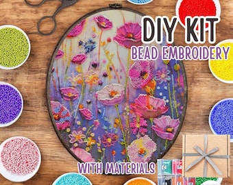 DIY Field poppies Bead Embroidery Kit, blue pink flowers poppy Embroidery, Garden Needlepoint, Beginner Beading Kit Art canvas, Beadwork kit