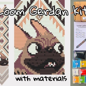 Può includere: Un kit gerdan a telaio con materiali. Il kit include un motivo, perline e filo. Il design gerdan presenta un cane. Il testo "Loom Gerdan kit with materials" è visibile.