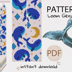 May include: A digital pattern for a loom-woven beaded necklace featuring a repeating design of blue whales, moons, and stars on a light pink background. The pattern is available as an instant download in PDF format.  "PATTERN Loom Gerdan" and "PDF" are written in the image.