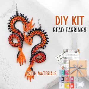 Kit fai da te per orecchini con perline di drago arancione e nero, kit di gioielli con rettili mitologici, tutorial per realizzare perline con frange di drago infuocato, regalo creativo