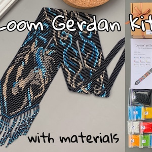 Puede incluir: Un kit de collar Gerdan de cuentas negro y azul con un patrón detallado. El kit incluye cuentas de varios colores, agujas y una guía de patrones. El texto "Loom Gerdan kit with materials" es visible.