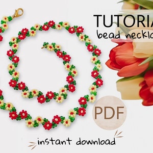 PDF ビーズひまわりネックレスのパターン、ビーズ細工の黄色い花のジュエリーのチュートリアル、ビーズ織りのシードビーズチョーカー、手作りのクラフターギフトのチュートリアル