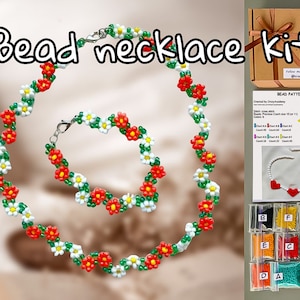 Kit de collier de fleurs en perles à faire soi-même, tutoriel de perlage, kit de bijoux, collier ras du cou en perles de rocaille, cadeau artisanal ethnique rustique fait main