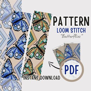 May include: Digital PDF pattern for loom stitch beadwork. The design features pixelated butterflies in shades of blue, teal, and brown on a beige background. The text reads "PATTERN LOOM STITCH 'Butterflies' INSTANT DOWNLOAD PDF".