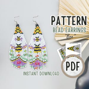 May include: Two beaded earrings with a bee design, featuring white, yellow, black, green, and purple beads. The earrings are displayed with a PDF pattern and the text "PATTERN BEAD EARRINGS Bee" and "INSTANT DOWNLOAD".