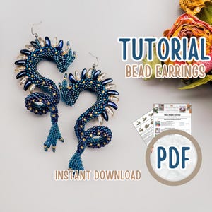 May include: A pair of handmade beaded earrings in a dragon design, featuring shades of blue and gold. The earrings are displayed with a PDF tutorial and the text "TUTORIAL BEAD EARRINGS" and "INSTANT DOWNLOAD".