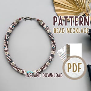 May include: A beaded necklace pattern with a geometric design in brown, white, and blue colors. The pattern is available as an instant download in PDF format.  "PATTERN BEAD NECKLACE" and "PDF" are written in the image.