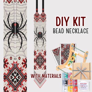 DIY Black Spider Loom Necklace Kit, Ethnic Seed Bead Gerdan Pattern, Spider Beaded Necklace Making Kit, Gothic Jewelry Craft