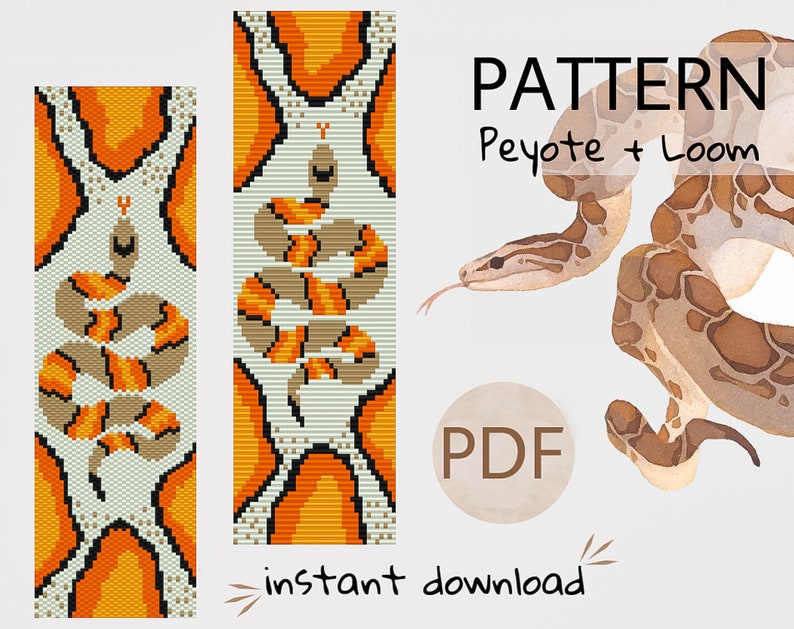 Może przedstawiać: Cyfrowy wz&oacute;r do pobrania dla bransoletki z koralikami w kształcie węża. Wz&oacute;r jest przeznaczony do szydełkowania peyote i tkactwa koralikowego. Obraz przedstawia węża z pomarańczowymi i brązowymi łuskami na białym tle. Tekst "PATTERN Peyote + Loom" i "PDF instant download" jest r&oacute;wnież zawarty.