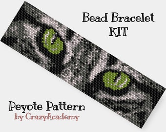 KIT to make White Green eye cat Peyote Bead Bracelet - DIY Animal Cuff Bead Pattern - bead tutorial - Jewelry making Craft - Bookmark