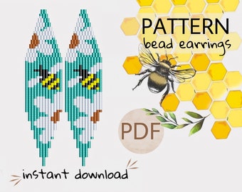 PDF DIY White daisy flower Bee brick stitch earrings, seed bead honey bee fringe earring, Beaded Fringe Earrings, Jewelry making pattern