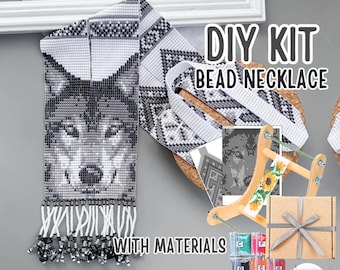 DIY-pakket met kralenpatroon van een grijze wolf - zwart weefgetouw kralenkettingpatroon - handleiding voor het weven van een wolf - kralenwerk met wild dierenpatroon