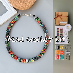 KIT to Make Bead Crochet black rope necklace bracelet red Flowers - Crochet Seed beaded rope - Jewelry making KIT - DIY Adult Craft