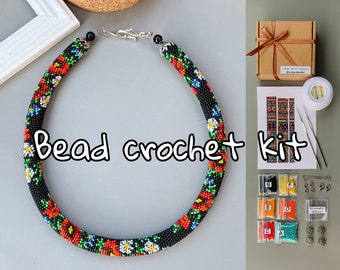 KIT to Make Bead Crochet black rope necklace bracelet red Flowers - Crochet Seed beaded rope - Jewelry making KIT - DIY Adult Craft