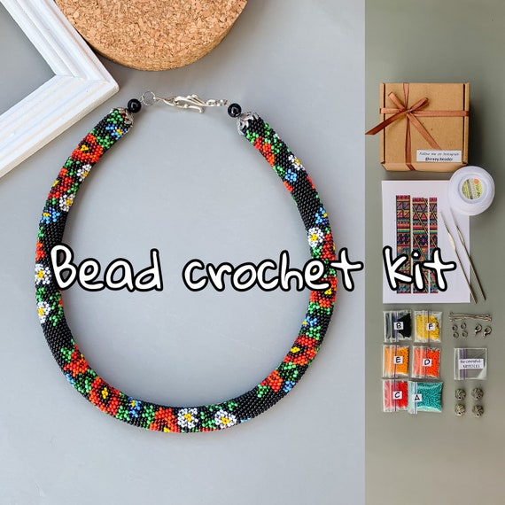 KIT to Make Bead Crochet Black Rope Necklace Bracelet Red Flowers