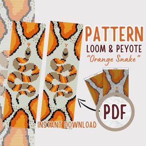 May include: A digital download pattern for a beaded snake bracelet. The pattern is for both loom and peyote stitch beading. The snake is orange and brown with a white background. The pattern is called "Orange Snake".