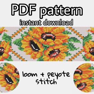 Op de afbeelding: PDF-patroon voor een kralen armband met zonnebloemen, met instructies voor weefgetouw en peyotesteek. Het patroon toont een close-up van het zonnebloemontwerp.