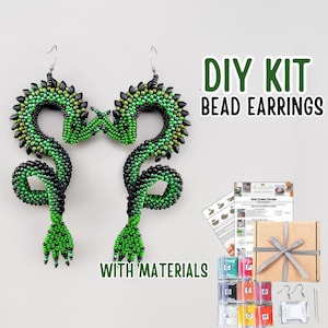 DIY Green Black Dragon Bead Earrings Kit – Gothic Reptile Jewelry Pattern – Peyote Beading Tutorial – Handmade Beadwork Craft Gift for Adults