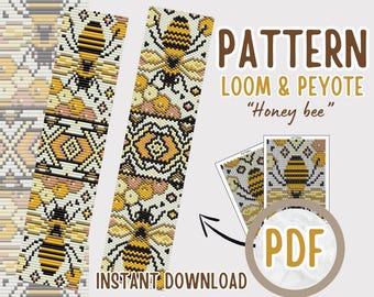 Padrão em PDF para pulseira de abelha em tear de peyote, padrão para pulseira de miçangas, artesanato para adultos, padrão de marcador de livro de abelha em miçangas, presente artesanal