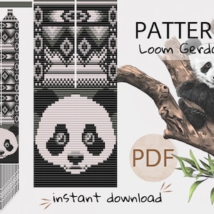 May include: Black and white loom beading pattern for a panda bear. The pattern includes a black and white geometric design and a panda face. The pattern is labeled "PATTERN Loom Gerdan" and "PDF instant download".