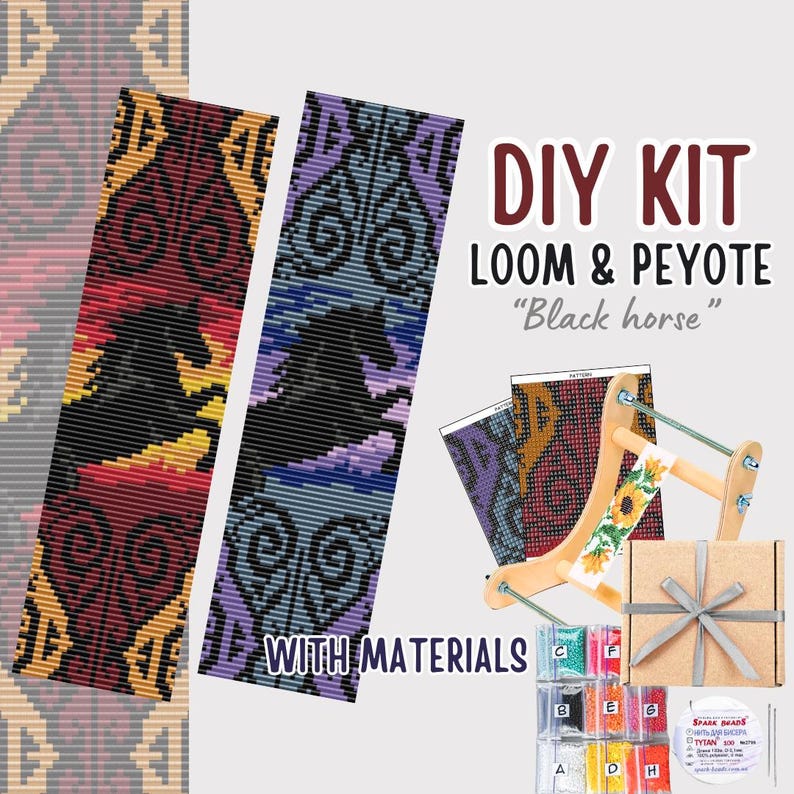 May include: DIY kit for loom and peyote beading, featuring a black horse design. The kit includes beads, thread, and a loom. The kit is packaged in a box with a ribbon.
