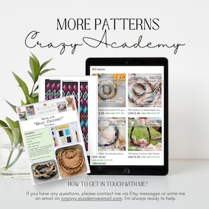 May include: A digital tablet screen displaying a variety of bead crochet patterns for sale. The patterns are displayed in a grid format with images and prices. The text "MORE PATTERNS Crazy Academy" is displayed at the top of the screen.