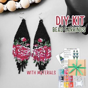 May include: DIY bead earring kit with materials. The kit includes a pattern, beads in various colors, and earring findings. The earrings feature a black, white, pink, and green floral design.