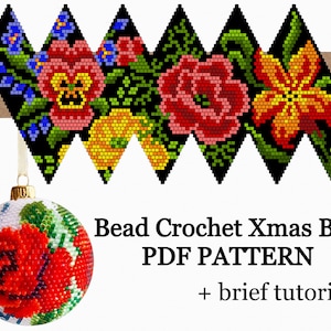 PDF flowers black Beaded Christmas Ornament pattern, Digital Bead crochet tutorial, Beadwork Christmas decorations for the Christmas Tree