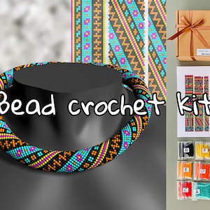 May include: A bead crochet kit with colourful beads and instructions. The kit includes a variety of beads, needles, and a pattern to create a beaded necklace.