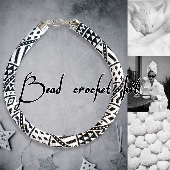 DIY Black White Patchwork Bead Crochet Necklace Kit Jewelry Making