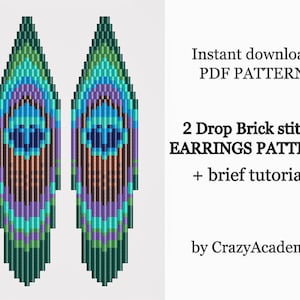 May include: A digital download pattern for beaded earrings. The pattern features a peacock feather design with green, blue, purple, and brown beads. The pattern includes a brief tutorial. Instant download PDF pattern. 2 Drop Brick stitch EARRINGS PATTERN + brief tutorial by CrazyAcademy.