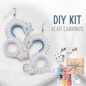 DIY Winter White Dragon Bead Earrings Kit, Blue White Reptile Jewelry Making Pattern, Mythical Dragon Beading Tutorial, Adult Craft Gift