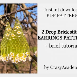 PDF Pattern Green Boho Daisy Fringe Beading Earrings - Boho flower Earrings Pattern - PDF digital pattern - Brick stitch tutorial