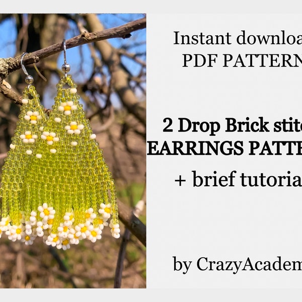 PDF Pattern Green Boho Daisy Fringe Beading Earrings - Boho flower Earrings Pattern - PDF digital pattern - Brick stitch tutorial