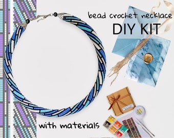 American style Blue geometric Necklace - KIT to Make bead Crochet rope - craft supply kit - boho bead crochet pattern - diy jewelry making