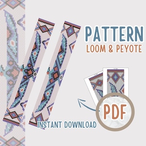 May include: Digital PDF pattern for loom and peyote beadwork. The design features a geometric pattern in shades of blue, red, and purple. The words "PATTERN LOOM & PEYOTE" and "INSTANT DOWNLOAD" are visible.