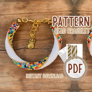May include: A colourful beaded bracelet pattern with a pineapple charm. The pattern is available as a digital download in PDF format. The pattern includes instructions for creating a beaded bracelet with a multi-coloured design.