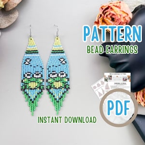 May include: A pair of beaded earrings with a frog design. The earrings are blue, green, and yellow, with a fringe at the bottom. The image also includes the text "PATTERN BEAD EARRINGS" and "INSTANT DOWNLOAD". A PDF icon is also visible.
