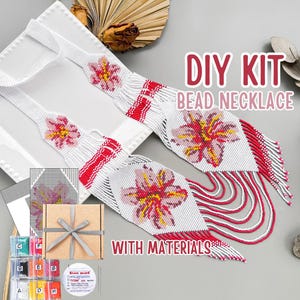 DIY Pink Orchid Flower Bead Gerdan Kit, White Beaded Necklace Loom Weaving Tutorial, Jewelry Making Craft Gift for Jewelry Makers