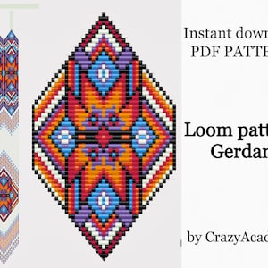 May include: A digital download PDF pattern for a beaded loom pattern called "Gerdan" by CrazyAcademy. The pattern features a geometric design with orange, red, blue, white, and purple beads.